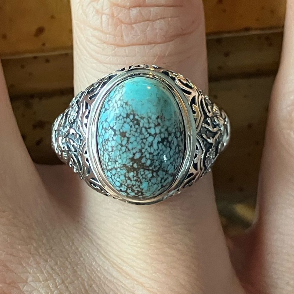 Natural Blue Moon Turquoise Sterling Silver Deer Motif Ring Size 7